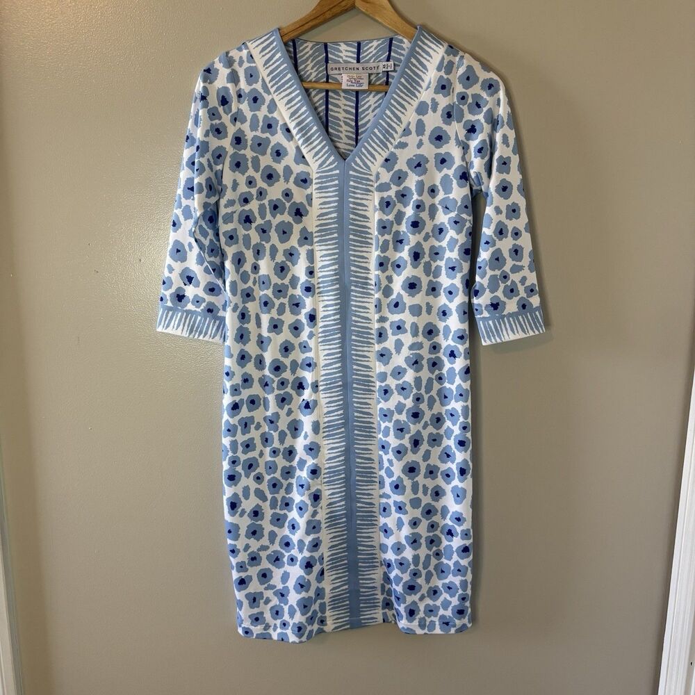 Gretchen Scott Womens Dress Blue White Floral Shift Preppy Resort Wear Sz XS